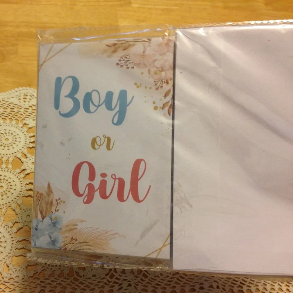 Cards for gender reveal party plus baby shower game